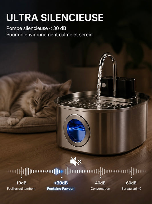 Pawzen™ Fontaine à Eau Intelligente Sans Fil 3L en Acier Inoxydable Hydratation pure, liberté totale.