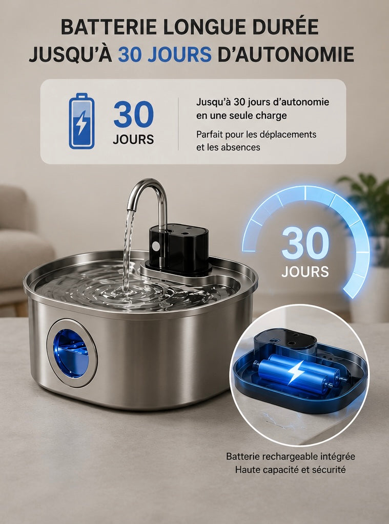 Pawzen™ Fontaine à Eau Intelligente Sans Fil 3L en Acier Inoxydable Hydratation pure, liberté totale.