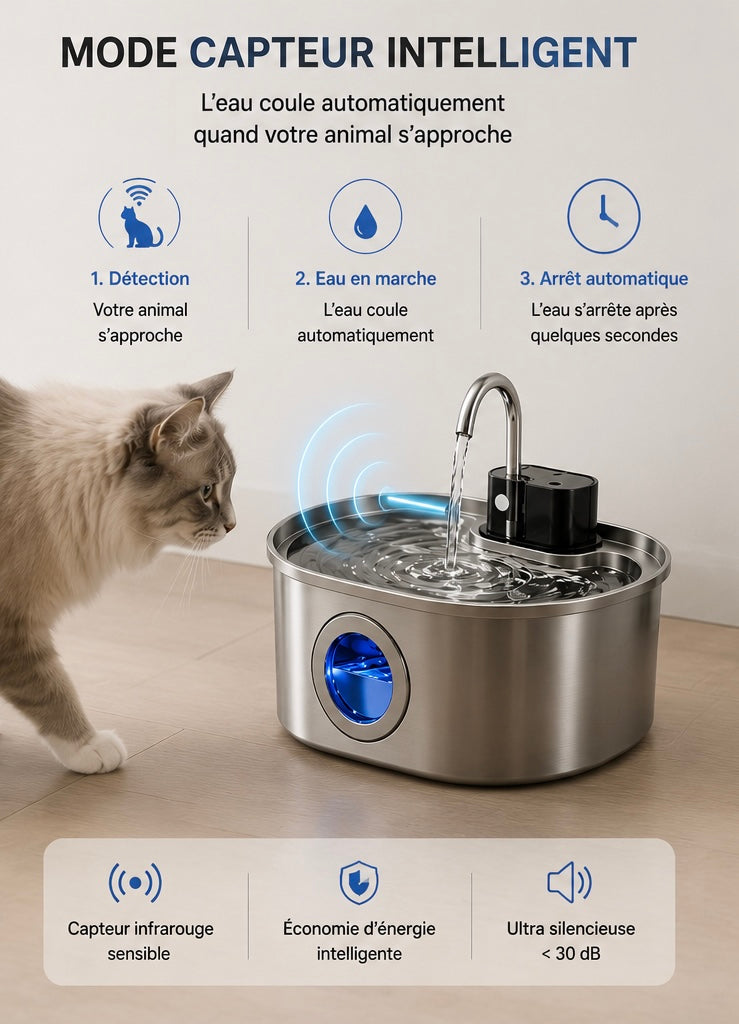 Pawzen™ Fontaine à Eau Intelligente Sans Fil 3L en Acier Inoxydable Hydratation pure, liberté totale.