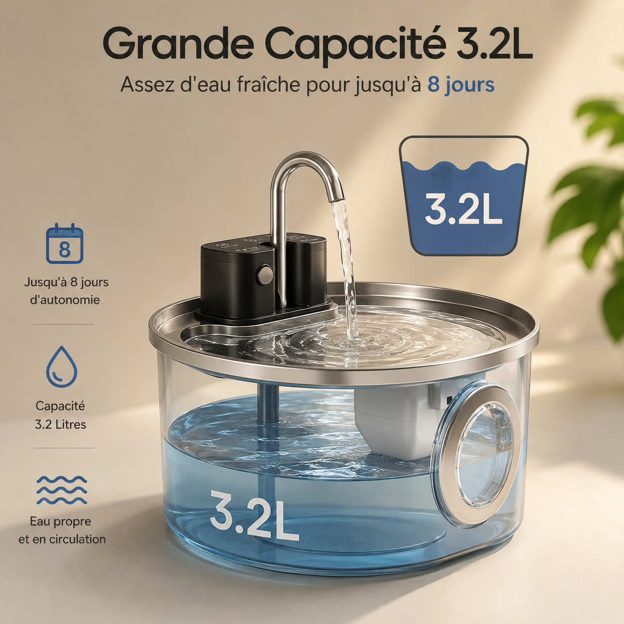 Pawzen™ Fontaine à Eau Intelligente Sans Fil 3L en Acier Inoxydable Hydratation pure, liberté totale.